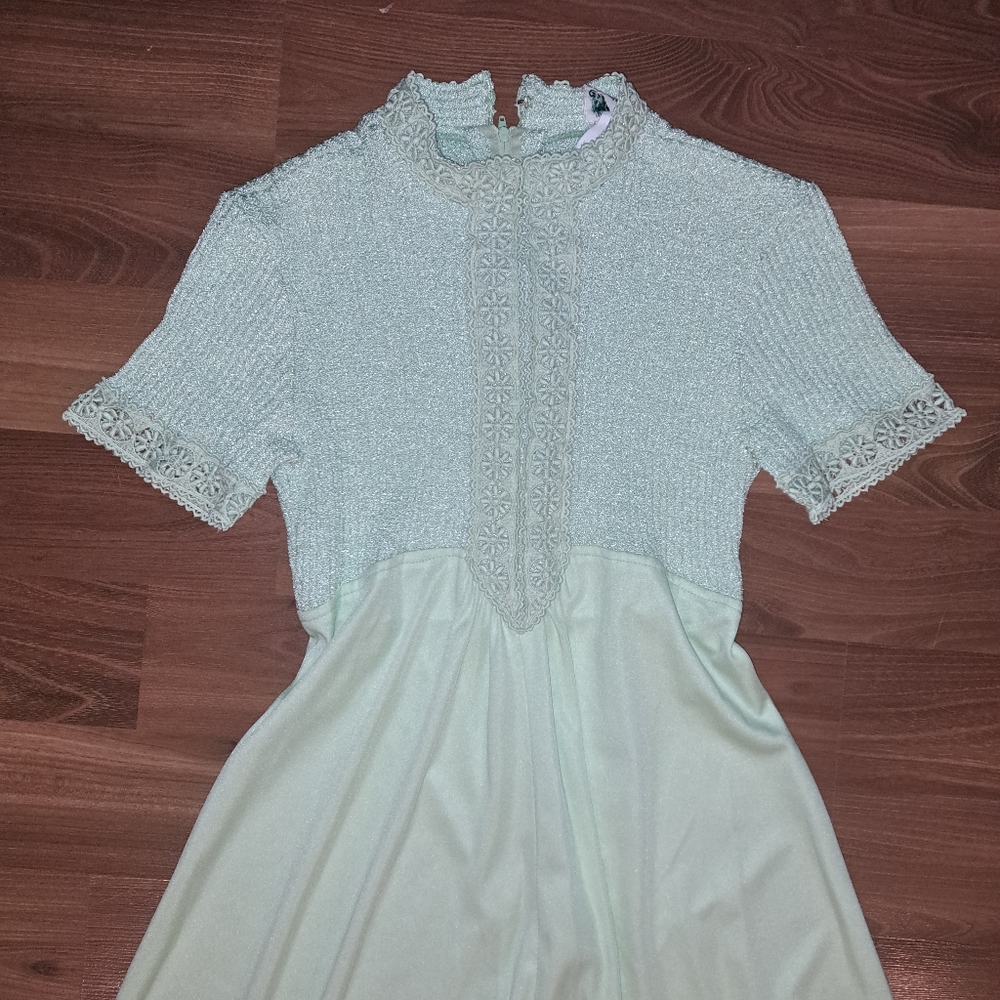 Vintage 70s Maxi Prom Dress Seafoam Pastel Green Lace trim babydoll Flare - Picture 5 of 12